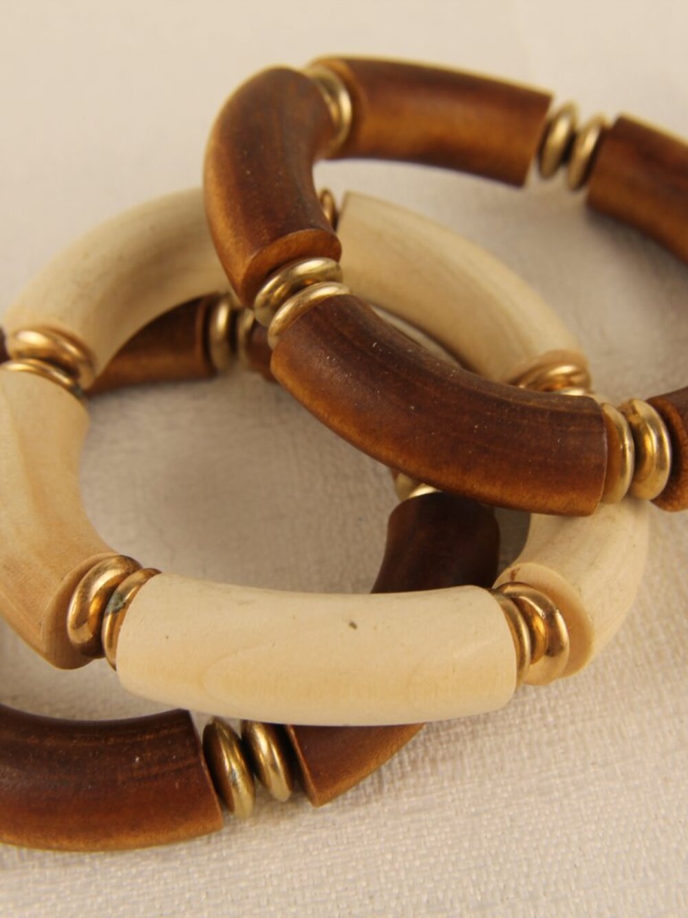 Boho Neutral Wooden Curved Tube Stretch Bracelet Stack 3-Piece Set Gold Accents